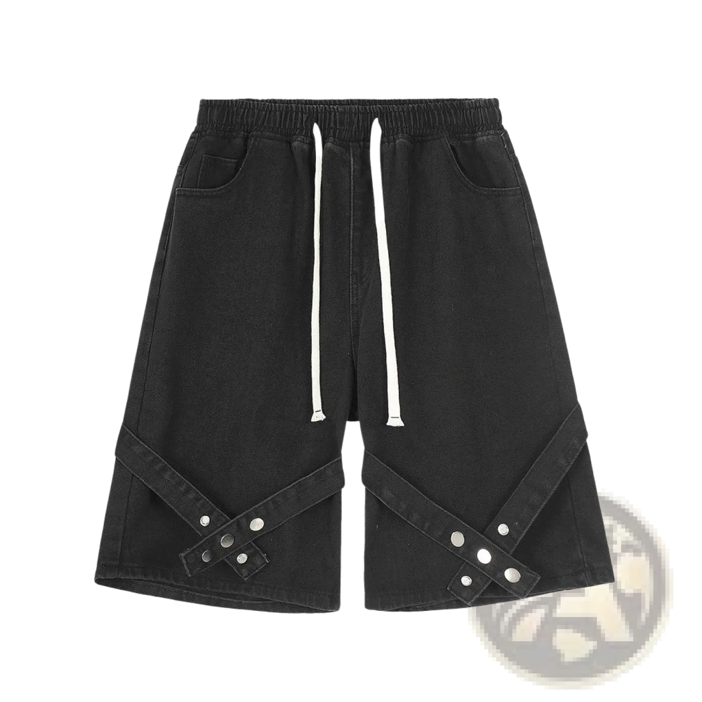 Men's Diagonal Strap Denim Shorts with Drawstring Waist