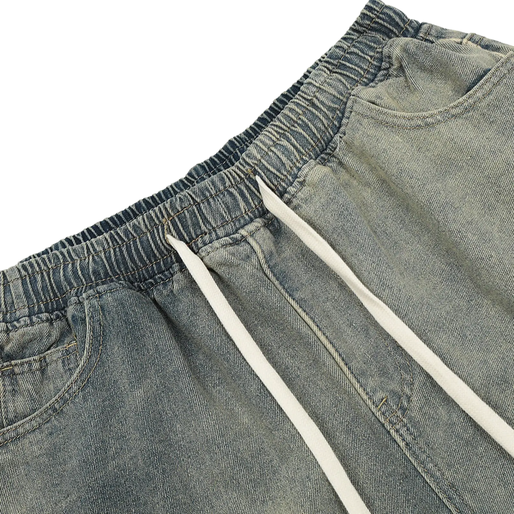 Men's Diagonal Strap Denim Shorts with Drawstring Waist